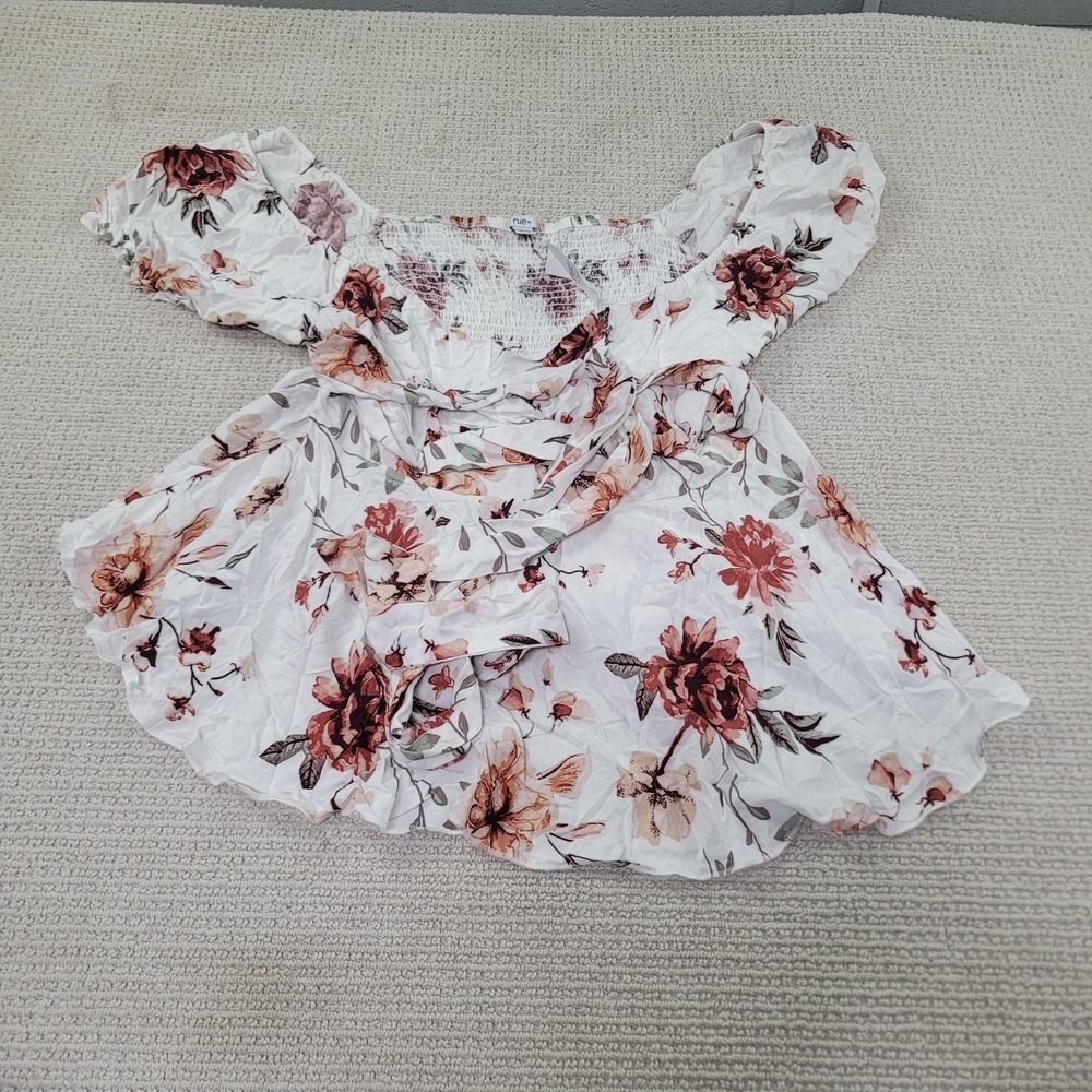 rue+ Blouse Womens 3X White Floral Smocked‎ Peplum Off Shoulder Puff Sleeve